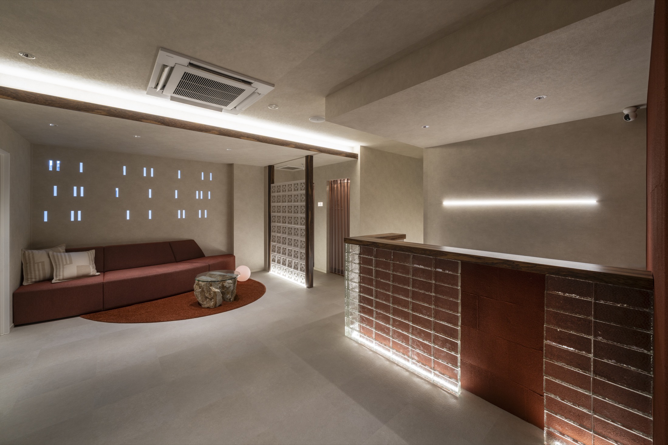 An interior featuring a stone table. This does not identify the walls or floor as Aji stone.